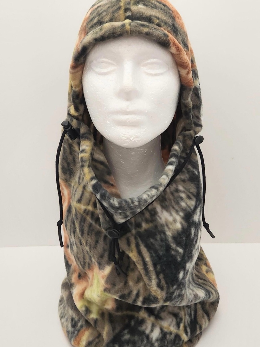 Fleece Hunting Camo Hood with Adjustable Drawstrings - Orange & Green Accents